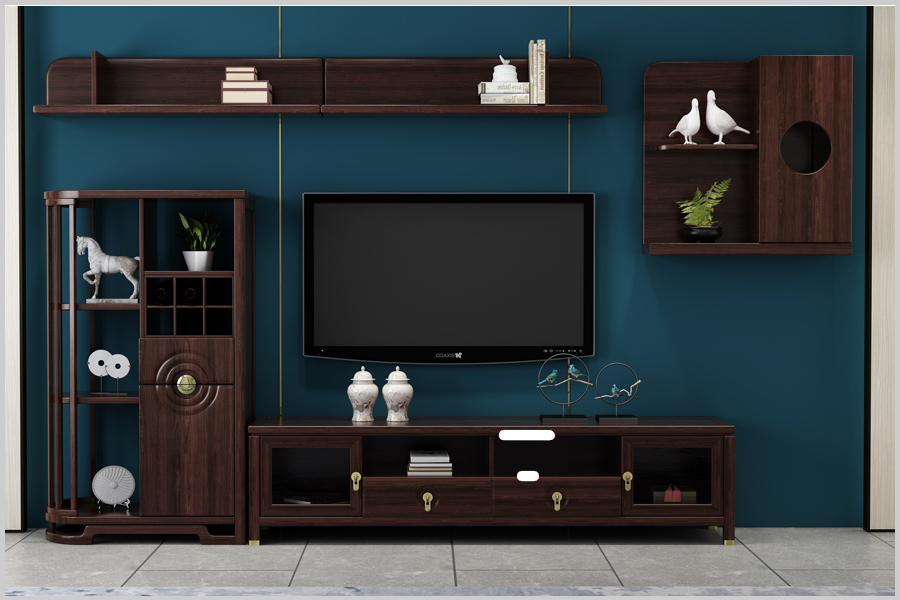 中式电视柜酒柜吊柜吊架轻奢新中式进口金花梨木实木多层乌金木饰面