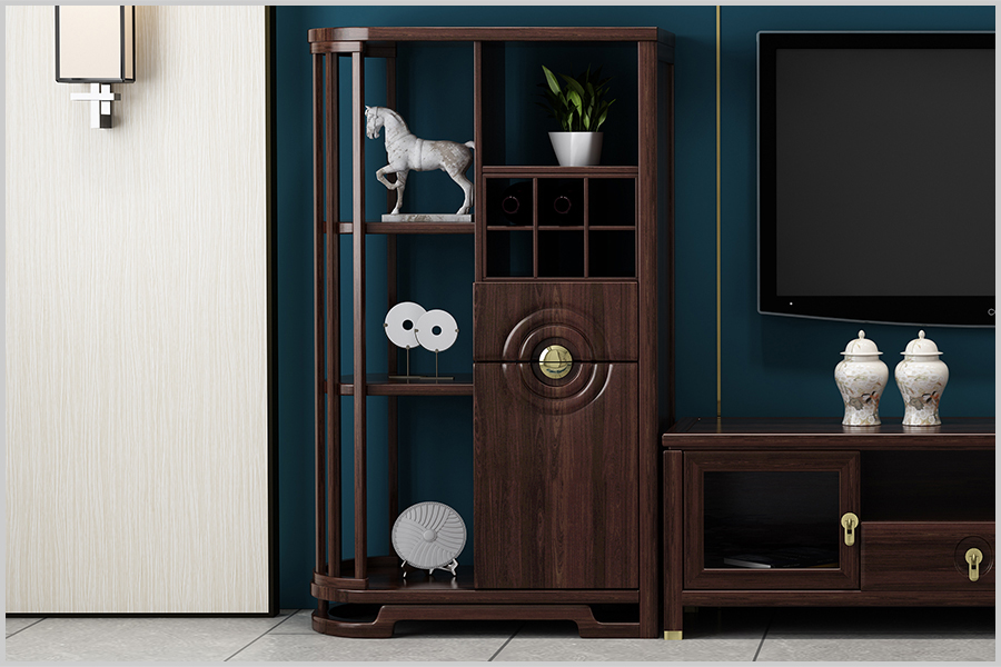 中式电视柜酒柜吊柜吊架轻奢新中式进口金花梨木实木多层乌金木饰面